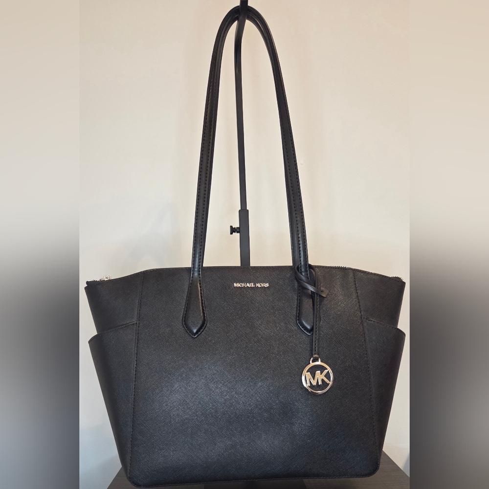 Michael Kors Marilyn Medium Saffiano Leather Tote Bag Black Zip Top EUC